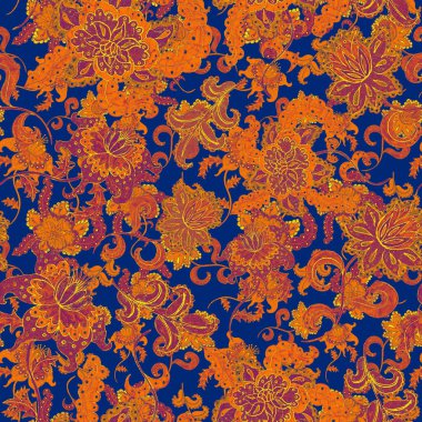 Suluboya desensiz, folky çiçekli ve yapraklı, etnik tarzda. Çiçek süsleme. Geleneksel şal deseni. Tekstil tasarım dokusu. Kabilesel etnik klasik dikişsiz model..