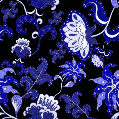 Suluboya desensiz, folky çiçekli ve yapraklı, etnik tarzda. Çiçek süsleme. Geleneksel şal deseni. Tekstil tasarım dokusu. Kabilesel etnik klasik dikişsiz model..