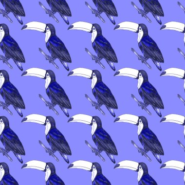 Tukanla dikişsiz suluboya desen. Tropik kuşlu ve yapraklı egzotik botanik orman duvar kağıdı. Parlak yaz şablonu geçmişi.