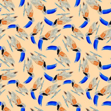 Tukanla dikişsiz suluboya desen. Tropik kuşlu ve yapraklı egzotik botanik orman duvar kağıdı. Parlak yaz şablonu geçmişi.