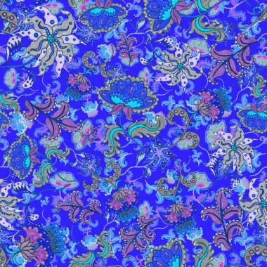 Suluboya desensiz, folky çiçekli ve yapraklı, etnik tarzda. Çiçek süsleme. Geleneksel şal deseni. Tekstil tasarım dokusu. Kabilesel etnik klasik dikişsiz model..