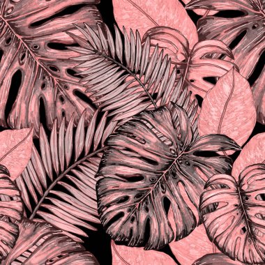 Tropikal yapraklarla suluboya kusursuz desen. Elle çizilmiş egzotik bitkilerle çok güzel bir iz. Mayo botanik tasarımı.