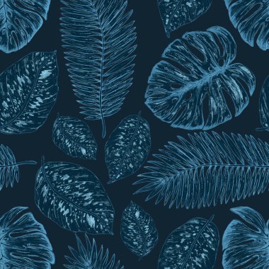 Tropikal yapraklarla suluboya kusursuz desen. Elle çizilmiş egzotik bitkilerle çok güzel bir iz. Mayo botanik tasarımı.