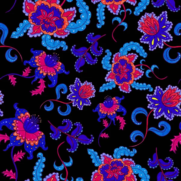 Aquarell Nahtloses Muster Mit Volkstümlichen Blüten Und Blättern Ethnischen Stil — Stockfoto