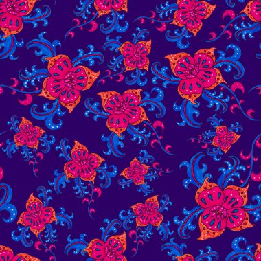 Suluboya desensiz, folky çiçekli ve yapraklı, etnik tarzda. Çiçek süsleme. Geleneksel şal deseni. Tekstil tasarım dokusu. Kabilesel etnik klasik dikişsiz model..