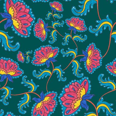 Suluboya desensiz, folky çiçekli ve yapraklı, etnik tarzda. Çiçek süsleme. Geleneksel şal deseni. Tekstil tasarım dokusu. Kabilesel etnik klasik dikişsiz model..