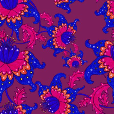 Suluboya desensiz, folky çiçekli ve yapraklı, etnik tarzda. Çiçek süsleme. Geleneksel şal deseni. Tekstil tasarım dokusu. Kabilesel etnik klasik dikişsiz model..