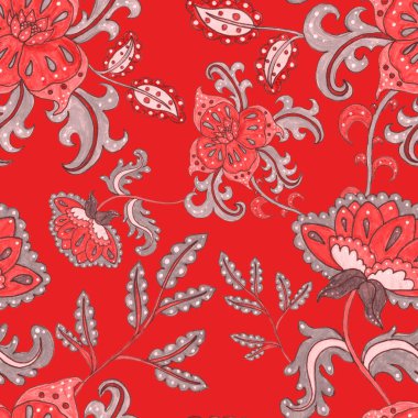 Suluboya desensiz, folky çiçekli ve yapraklı, etnik tarzda. Çiçek süsleme. Geleneksel şal deseni. Tekstil tasarım dokusu. Kabilesel etnik klasik dikişsiz model..