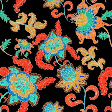 Suluboya desensiz, folky çiçekli ve yapraklı, etnik tarzda. Çiçek süsleme. Geleneksel şal deseni. Tekstil tasarım dokusu. Kabilesel etnik klasik dikişsiz model..