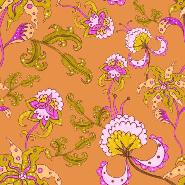 Suluboya desensiz, folky çiçekli ve yapraklı, etnik tarzda. Çiçek süsleme. Geleneksel şal deseni. Tekstil tasarım dokusu. Kabilesel etnik klasik dikişsiz model..