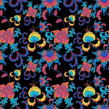 Suluboya desensiz, folky çiçekli ve yapraklı, etnik tarzda. Çiçek süsleme. Geleneksel şal deseni. Tekstil tasarım dokusu. Kabilesel etnik klasik dikişsiz model..