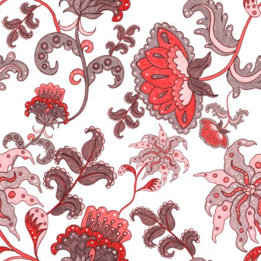 Suluboya desensiz, folky çiçekli ve yapraklı, etnik tarzda. Çiçek süsleme. Geleneksel şal deseni. Tekstil tasarım dokusu. Kabilesel etnik klasik dikişsiz model..