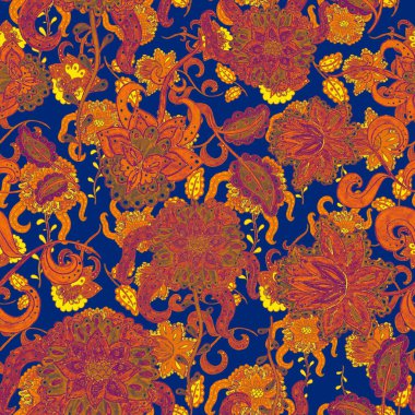 Suluboya desensiz, folky çiçekli ve yapraklı, etnik tarzda. Çiçek süsleme. Geleneksel şal deseni. Tekstil tasarım dokusu. Kabilesel etnik klasik dikişsiz model..