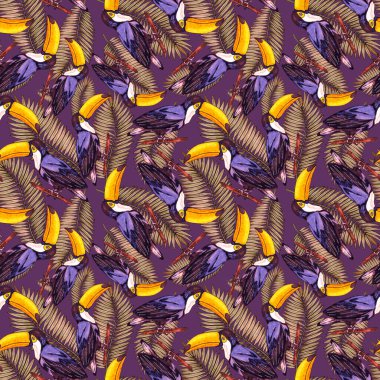 Tukanla dikişsiz suluboya desen. Tropik kuşlu ve yapraklı egzotik botanik orman duvar kağıdı. Parlak yaz şablonu geçmişi.