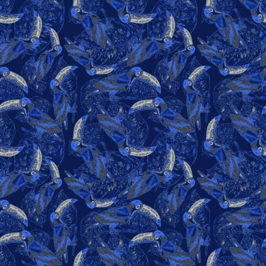 Tukanla dikişsiz suluboya desen. Tropik kuşlu ve yapraklı egzotik botanik orman duvar kağıdı. Parlak yaz şablonu geçmişi.