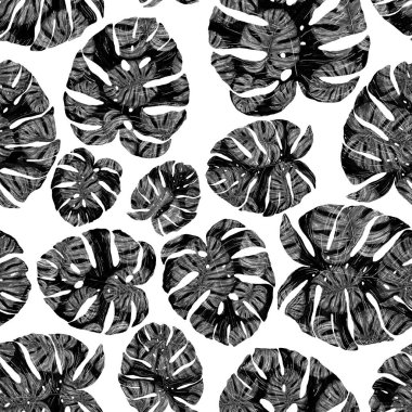 Tropikal yapraklarla suluboya kusursuz desen. Elle çizilmiş egzotik bitkilerle çok güzel bir iz. Mayo botanik tasarımı.