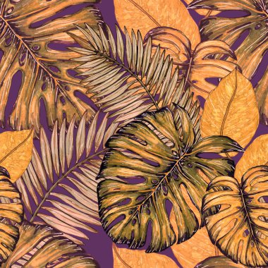 Tropikal yapraklarla suluboya kusursuz desen. Elle çizilmiş egzotik bitkilerle çok güzel bir iz. Mayo botanik tasarımı.