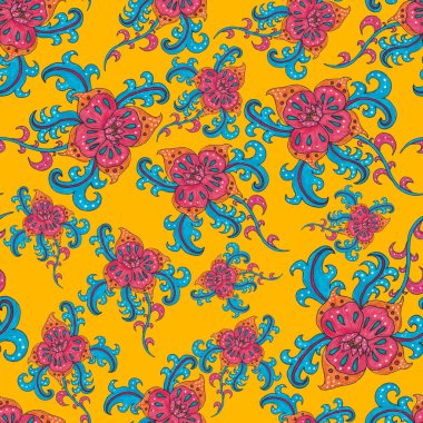 Suluboya desensiz, folky çiçekli ve yapraklı, etnik tarzda. Çiçek süsleme. Geleneksel şal deseni. Tekstil tasarım dokusu. Kabilesel etnik klasik dikişsiz model..