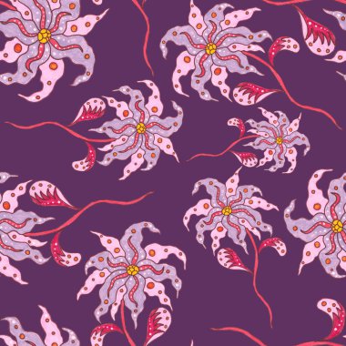 Suluboya desensiz, folky çiçekli ve yapraklı, etnik tarzda. Çiçek süsleme. Geleneksel şal deseni. Tekstil tasarım dokusu. Kabilesel etnik klasik dikişsiz model..