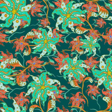 Suluboya desensiz, folky çiçekli ve yapraklı, etnik tarzda. Çiçek süsleme. Geleneksel şal deseni. Tekstil tasarım dokusu. Kabilesel etnik klasik dikişsiz model..