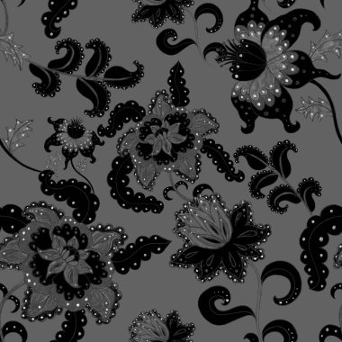 Suluboya desensiz, folky çiçekli ve yapraklı, etnik tarzda. Çiçek süsleme. Geleneksel şal deseni. Tekstil tasarım dokusu. Kabilesel etnik klasik dikişsiz model..