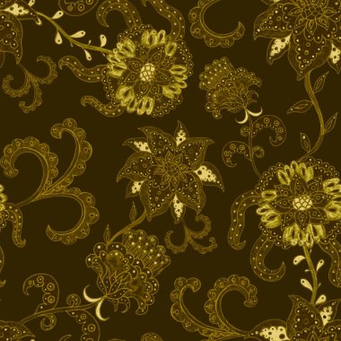 Suluboya desensiz, folky çiçekli ve yapraklı, etnik tarzda. Çiçek süsleme. Geleneksel şal deseni. Tekstil tasarım dokusu. Kabilesel etnik klasik dikişsiz model..