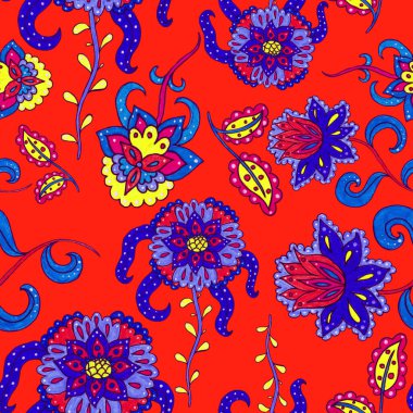 Suluboya desensiz, folky çiçekli ve yapraklı, etnik tarzda. Çiçek süsleme. Geleneksel şal deseni. Tekstil tasarım dokusu. Kabilesel etnik klasik dikişsiz model..