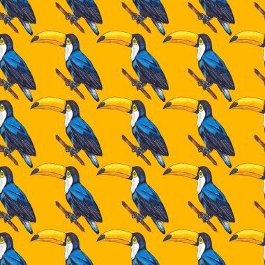 Tukanla dikişsiz suluboya desen. Tropik kuşlu ve yapraklı egzotik botanik orman duvar kağıdı. Parlak yaz şablonu geçmişi.