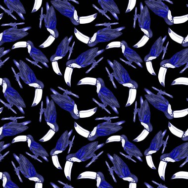 Tukanla dikişsiz suluboya desen. Tropik kuşlu ve yapraklı egzotik botanik orman duvar kağıdı. Parlak yaz şablonu geçmişi.