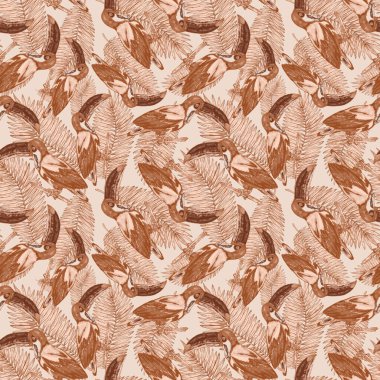 Tukanla dikişsiz suluboya desen. Tropik kuşlu ve yapraklı egzotik botanik orman duvar kağıdı. Parlak yaz şablonu geçmişi.