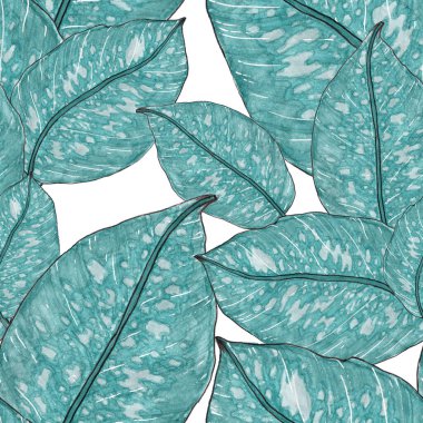 Tropikal yapraklarla suluboya kusursuz desen. Elle çizilmiş egzotik bitkilerle çok güzel bir iz. Mayo botanik tasarımı.