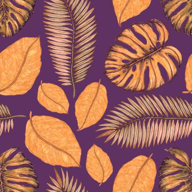 Tropikal yapraklarla suluboya kusursuz desen. Elle çizilmiş egzotik bitkilerle çok güzel bir iz. Mayo botanik tasarımı.