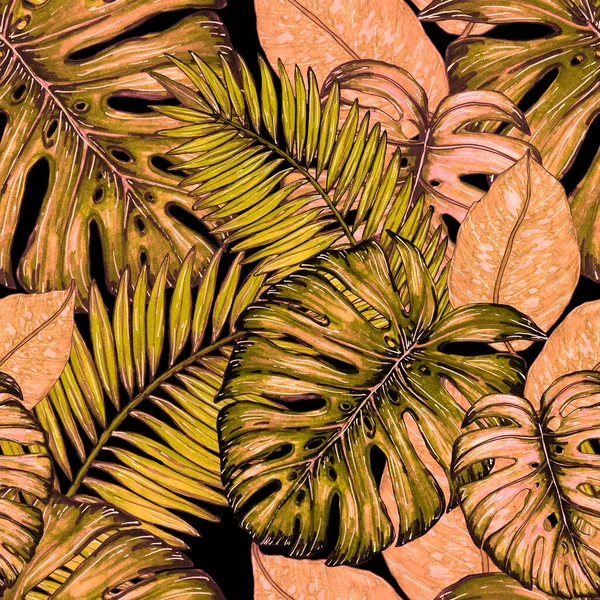 Tropikal Yapraklarla Suluboya Kusursuz Desen Elle Çizilmiş Egzotik Bitkilerle Çok — Stok fotoğraf