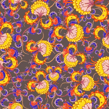 Suluboya desensiz, folky çiçekli ve yapraklı, etnik tarzda. Çiçek süsleme. Geleneksel şal deseni. Tekstil tasarım dokusu. Kabilesel etnik klasik dikişsiz model..