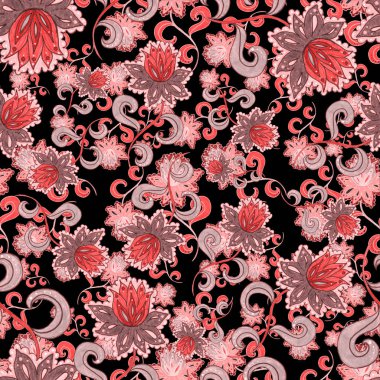 Suluboya desensiz, folky çiçekli ve yapraklı, etnik tarzda. Çiçek süsleme. Geleneksel şal deseni. Tekstil tasarım dokusu. Kabilesel etnik klasik dikişsiz model..