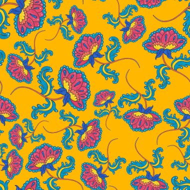 Suluboya desensiz, folky çiçekli ve yapraklı, etnik tarzda. Çiçek süsleme. Geleneksel şal deseni. Tekstil tasarım dokusu. Kabilesel etnik klasik dikişsiz model..