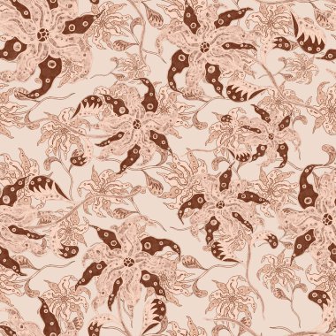 Suluboya desensiz, folky çiçekli ve yapraklı, etnik tarzda. Çiçek süsleme. Geleneksel şal deseni. Tekstil tasarım dokusu. Kabilesel etnik klasik dikişsiz model..