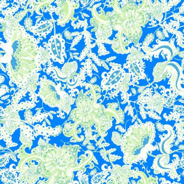 Suluboya desensiz, folky çiçekli ve yapraklı, etnik tarzda. Çiçek süsleme. Geleneksel şal deseni. Tekstil tasarım dokusu. Kabilesel etnik klasik dikişsiz model..