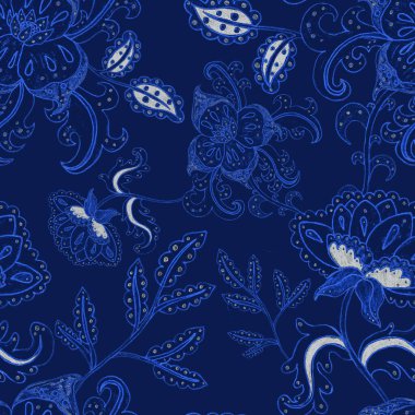 Suluboya desensiz, folky çiçekli ve yapraklı, etnik tarzda. Çiçek süsleme. Geleneksel şal deseni. Tekstil tasarım dokusu. Kabilesel etnik klasik dikişsiz model..