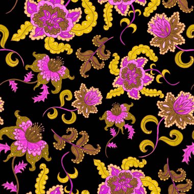 Suluboya desensiz, folky çiçekli ve yapraklı, etnik tarzda. Çiçek süsleme. Geleneksel şal deseni. Tekstil tasarım dokusu. Kabilesel etnik klasik dikişsiz model..