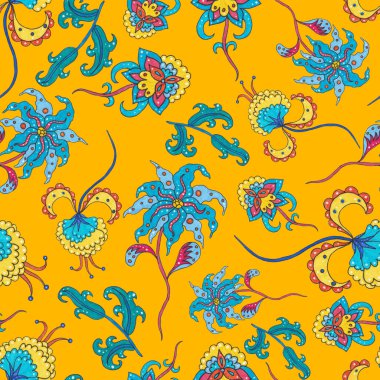 Suluboya desensiz, folky çiçekli ve yapraklı, etnik tarzda. Çiçek süsleme. Geleneksel şal deseni. Tekstil tasarım dokusu. Kabilesel etnik klasik dikişsiz model..