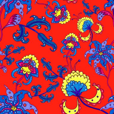 Suluboya desensiz, folky çiçekli ve yapraklı, etnik tarzda. Çiçek süsleme. Geleneksel şal deseni. Tekstil tasarım dokusu. Kabilesel etnik klasik dikişsiz model..