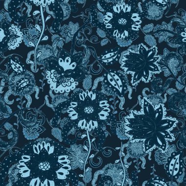 Suluboya desensiz, folky çiçekli ve yapraklı, etnik tarzda. Çiçek süsleme. Geleneksel şal deseni. Tekstil tasarım dokusu. Kabilesel etnik klasik dikişsiz model..