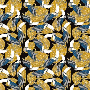 Tukanla dikişsiz suluboya desen. Tropik kuşlu ve yapraklı egzotik botanik orman duvar kağıdı. Parlak yaz şablonu geçmişi.