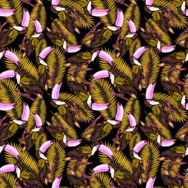 Tukanla dikişsiz suluboya desen. Tropik kuşlu ve yapraklı egzotik botanik orman duvar kağıdı. Parlak yaz şablonu geçmişi.