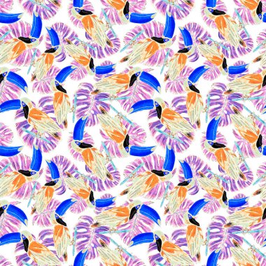Tukanla dikişsiz suluboya desen. Tropik kuşlu ve yapraklı egzotik botanik orman duvar kağıdı. Parlak yaz şablonu geçmişi.