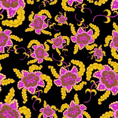 Suluboya desensiz, folky çiçekli ve yapraklı, etnik tarzda. Çiçek süsleme. Geleneksel şal deseni. Tekstil tasarım dokusu. Kabilesel etnik klasik dikişsiz model..