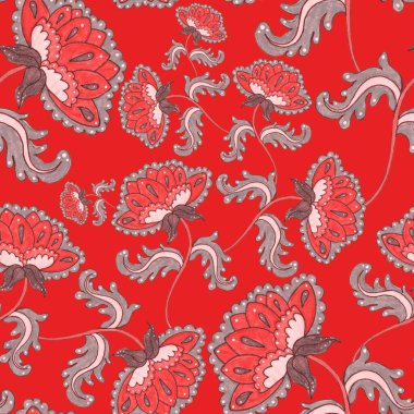 Suluboya desensiz, folky çiçekli ve yapraklı, etnik tarzda. Çiçek süsleme. Geleneksel şal deseni. Tekstil tasarım dokusu. Kabilesel etnik klasik dikişsiz model..