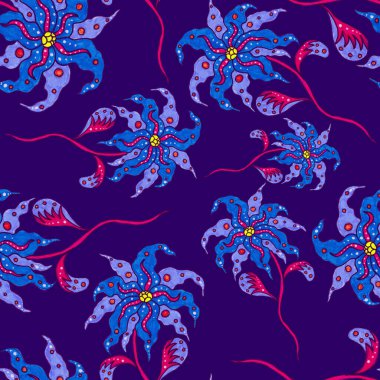 Suluboya desensiz, folky çiçekli ve yapraklı, etnik tarzda. Çiçek süsleme. Geleneksel şal deseni. Tekstil tasarım dokusu. Kabilesel etnik klasik dikişsiz model..