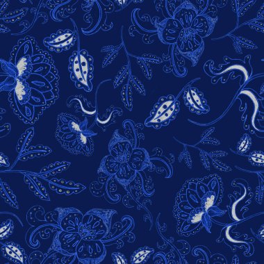 Suluboya desensiz, folky çiçekli ve yapraklı, etnik tarzda. Çiçek süsleme. Geleneksel şal deseni. Tekstil tasarım dokusu. Kabilesel etnik klasik dikişsiz model..